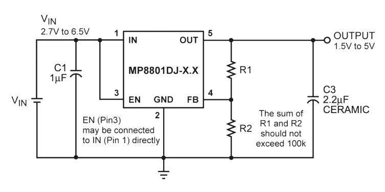 Monolithic Power Systems (MPS) MP8801DJ-2.85-LF-Z LDO Voltage Regulator Fixed 2.7V to 6.5V in 2.85Vnom/150 mA out TSOT23-5