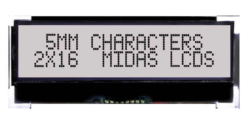 Midas MCCOG21605D6W-FPTI MCCOG21605D6W-FPTI Alphanumeric LCD 16 x 2 Black on White 5V I2C English Japanese Transflective