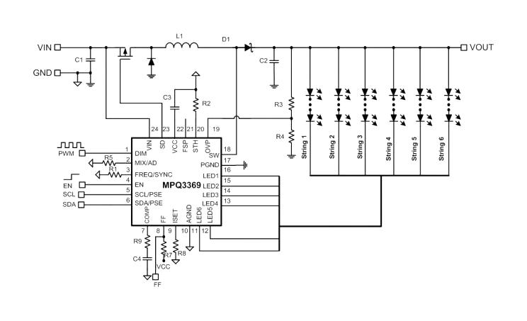 Monolithic Power Systems (MPS) MPQ3369GR-P MPQ3369GR-P LED Driver Boost 2.2 MHz QFN-24 3.5 V to 36