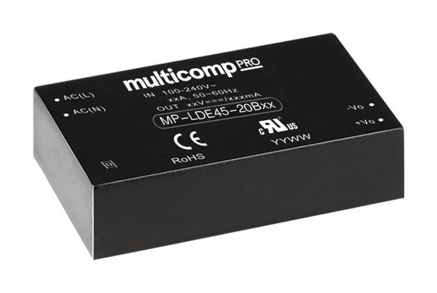 Multicomp PRO MP-LDE45-20B12 AC/DC PCB Mount Power Supply (PSU) 100 to 370VDC 1 Output 45 W 12 V 3.8 A