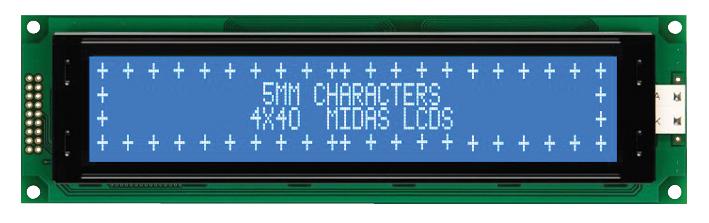 MIDAS MC44005A6W-BNMLW-V2 Alphanumeric LCD, 40 x 4, White on Blue, 5V, Parallel, English, Japanese, Transmissive