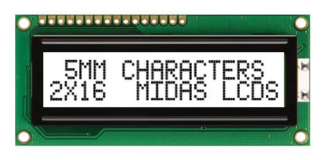 MIDAS MC21605C6W-FPTLW-V2 Alphanumeric LCD, 16 x 2, Black on White, 5V, Parallel, English, Japanese, Transflective