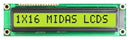 Midas MC11608A6WK1-SPTLY Alphanumeric LCD 16 x 1 Black on Yellow / Green 5V Parallel English Euro Transflective