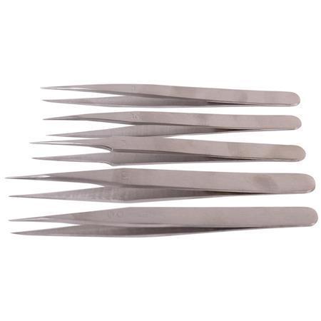 Duratool JS-183T Five Piece Stainless Steel Precision Tweezer Set