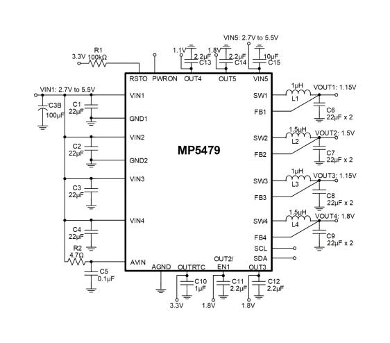 Monolithic Power Systems (MPS) MP5479GRM-0003-P Management IC 4 Step-Down Converter 9 Output 5.5V Supply QFN-26