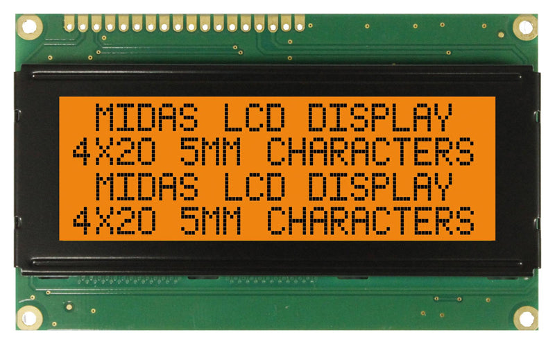 Midas MD42005C6W-FPTLRGB MD42005C6W-FPTLRGB Alphanumeric LCD 20 x 4 Black on RGB 5V Parallel English Japanese Transflective