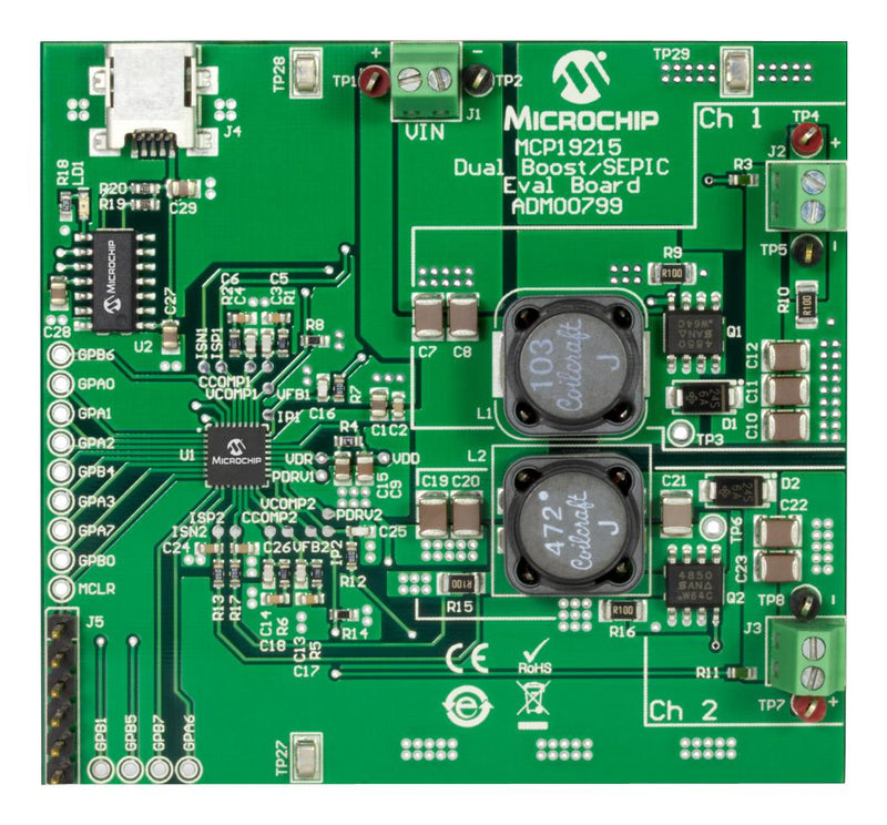 Microchip ADM00799 Evaluation Board MCP19215 Dual Boost/SEPIC Wide Input Voltage / Load Range 2.0A