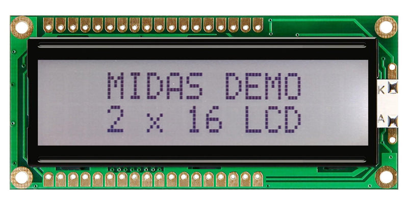 Midas MC21605G6W-FPTLW3.3-V2 MC21605G6W-FPTLW3.3-V2 Alphanumeric LCD 16 x 2 Black on White 3.3V Parallel English Japanese Transflective