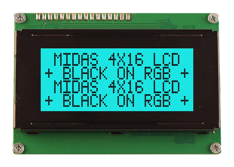 Midas MD41605A6W-FPTLRGB MD41605A6W-FPTLRGB Alphanumeric LCD 16 x 4 Black on RGB 5V Transflective