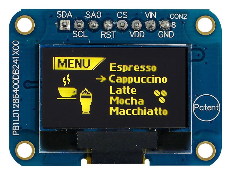 Midas MDOB128064V1V-YI Graphic Oled 128 x 64 Pixels Yellow on Black 3V I2C SPI 38mm 28.5mm -40 &deg;C