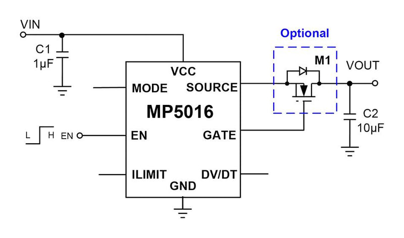 Monolithic Power Systems (MPS) MP5016HGQH-P Load Distribution Switch Active High 1 Output 22 V Input 5 A 0.043 ohm QFN-10