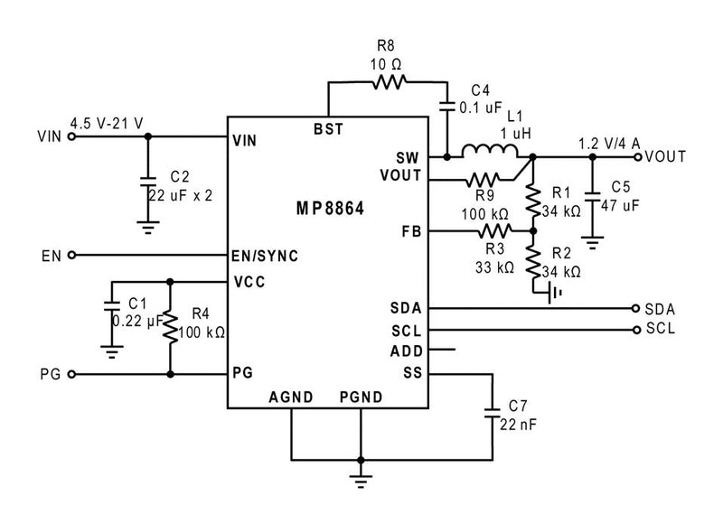 Monolithic Power Systems (MPS) MP8864GQ-P DC-DC Switching Synchronous Buck Regulator 4.5V-21V in 600mV to 5.2V out 4A 600kHz QFN-15