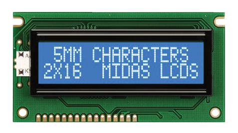 MIDAS MC21605A6WD-BNMLW-V2 Alphanumeric LCD, 16 x 2, White on Blue, 5V, Parallel, English, Japanese, Transmissive