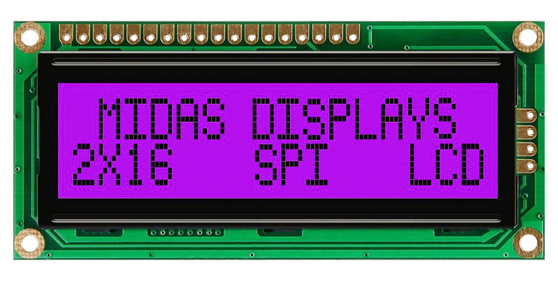 Midas MD21605G6W1-FPTLRGBS MD21605G6W1-FPTLRGBS Alphanumeric LCD 16 x 2 Black on RGB 5V SPI English Japanese Transflective