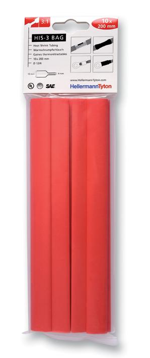 Hellermanntyton HIS-3 12/4 RED Heat Shrink Tubing Pack of 10 200mm Pieces Red PO (Polyolefin) 3:1 12 mm 4 200