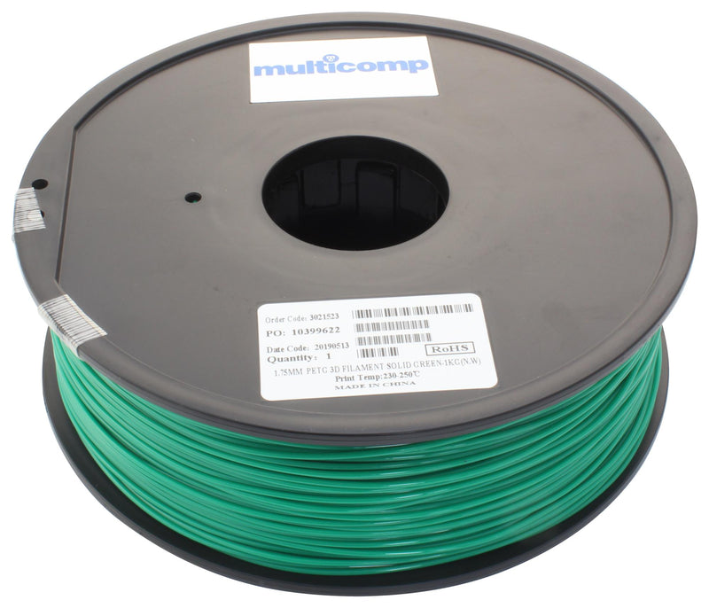 Multicomp MC011469 3D Printer Filament Petg 1.75 mm Solid Green 250 &deg;C Melting Temp