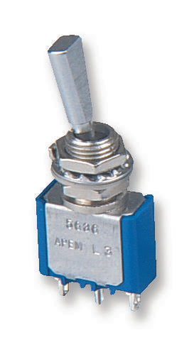 APEM 5637A9 Toggle Switch, SPDT, Non Illuminated, (On)-Off-(On), 5000 Series, Panel, 6 A