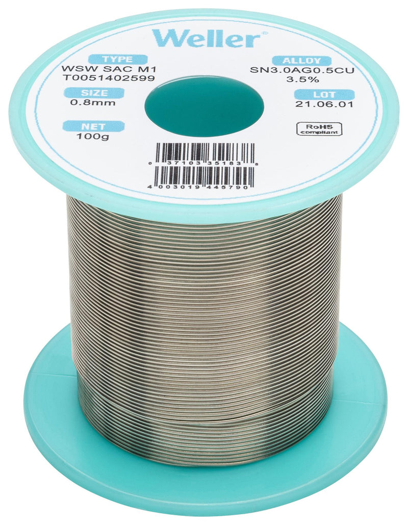 Weller T0051402499 T0051402499 Solder Wire No Clean Lead Free 96.5 3 0.5 Sn Ag Cu 100G 221 &Acirc;&deg;C WSW Series 1 mm OD New