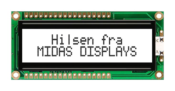 Midas MC21605G6WM-FPTLW-V2 MC21605G6WM-FPTLW-V2 Alphanumeric LCD 16 x 2 Black on White 5V Parallel English Scandinavian Transflective