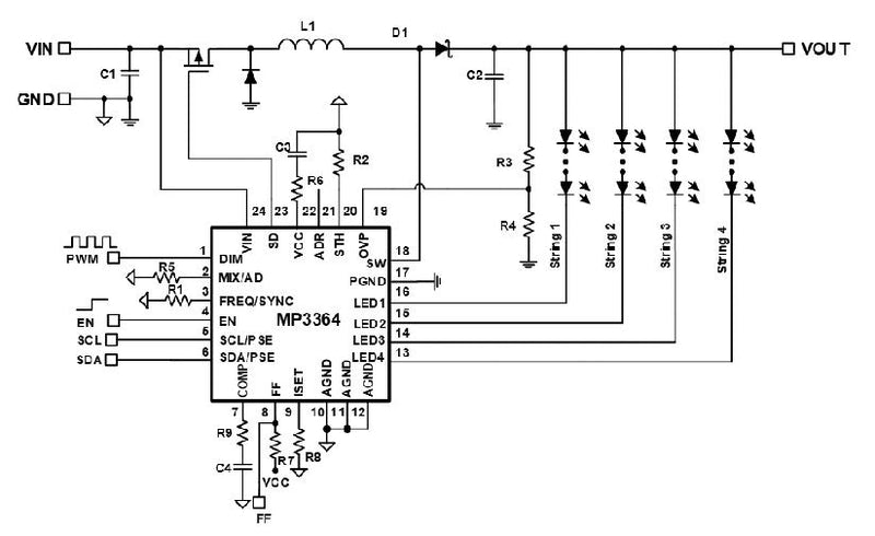 Monolithic Power Systems (MPS) MP3364GR-P MP3364GR-P LED Driver Boost 2.2 MHz SMD QFN-24 3.5 V to 36 New