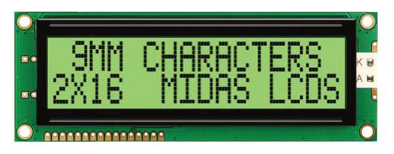 MIDAS MC21609AC6W-GPTLY-V2 Alphanumeric LCD, 16 x 2, 5V, Parallel, English, Japanese, Transflective