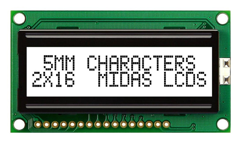 Midas MC21605H6W-FPTLW3.3-V2 Alphanumeric LCD 16 x 2 Black on White 3.3V Parallel English Japanese Transflective New