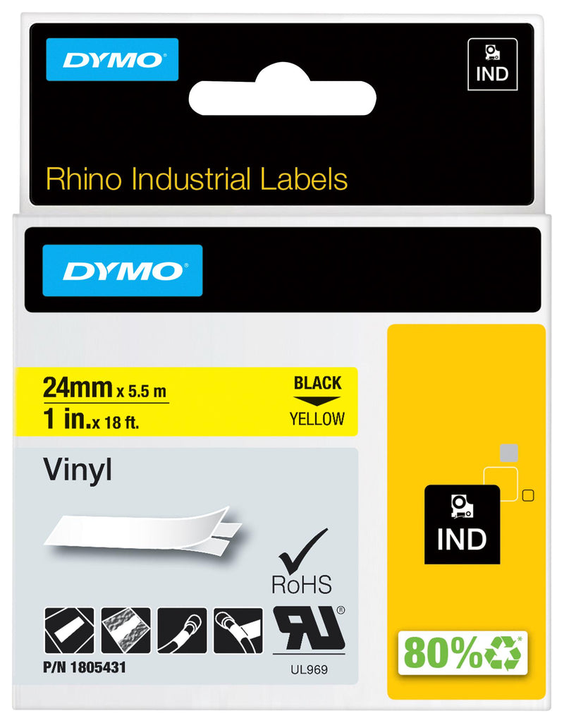 Dymo 1805431 Rhino 24 MM Vinyl Black ON Yellow New