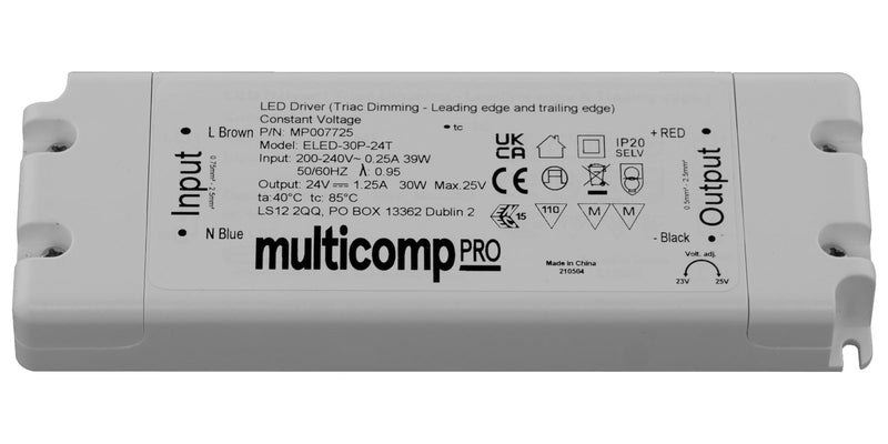 Multicomp PRO MP007725 MP007725 LED Driver IP20 Lighting 30 W 24 V 1.25 A Constant Voltage 200