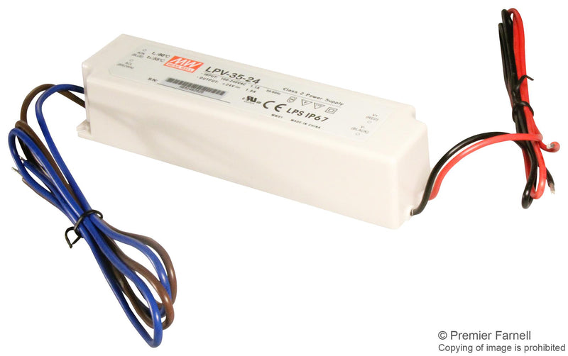 MEAN WELL LPV-35-24 LED Driver, Class II, 36 W, 24 V, 1.5 A, Constant Voltage, 90 V, 264 V