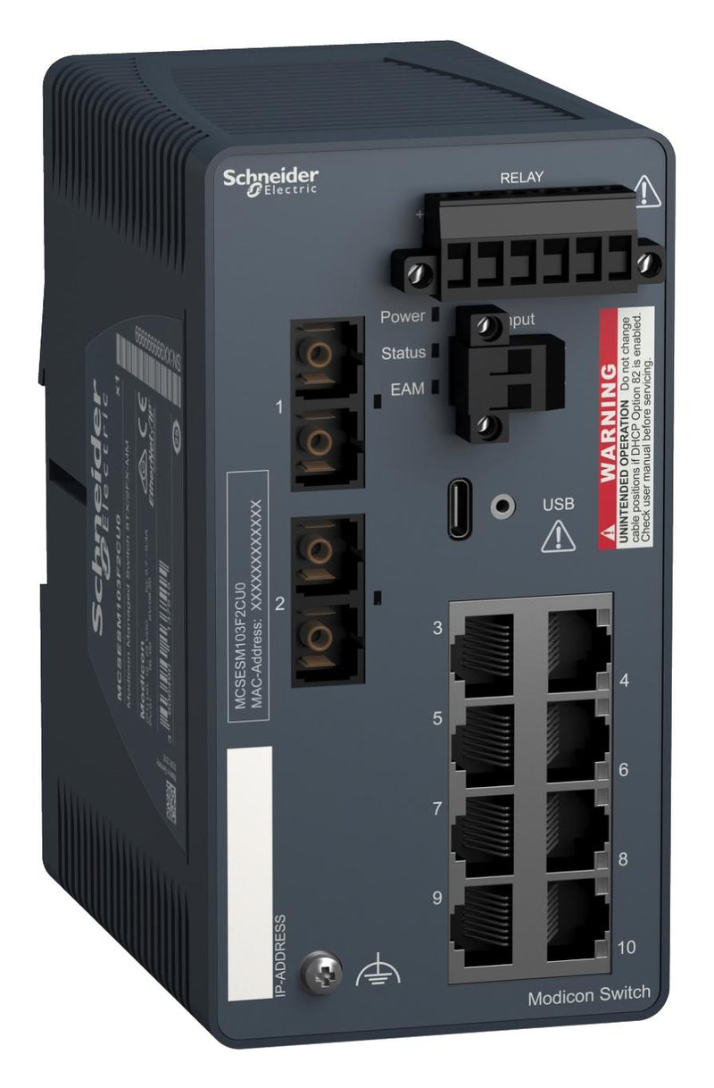 Schneider Electric MCSESM103F2CU0 Enet SW Indus RJ45X8/SCX2 DIN Rail