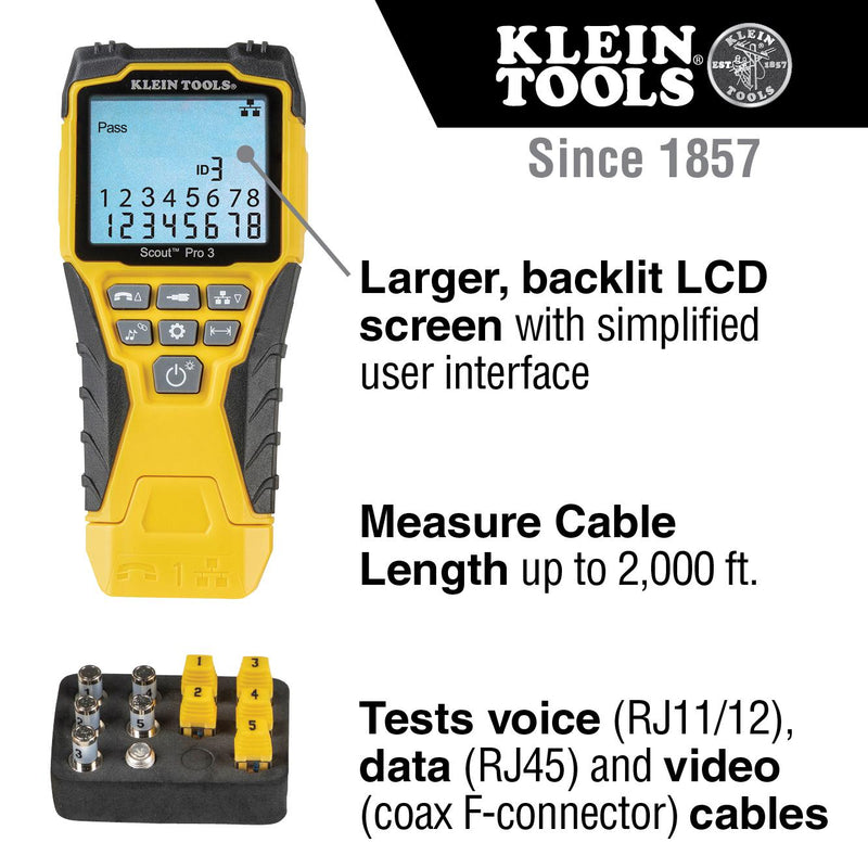 Klein Tools VDV501-851 VDV501-851 Cable Tester Kit With Scout Pro 3 Remotes Adapter Battery