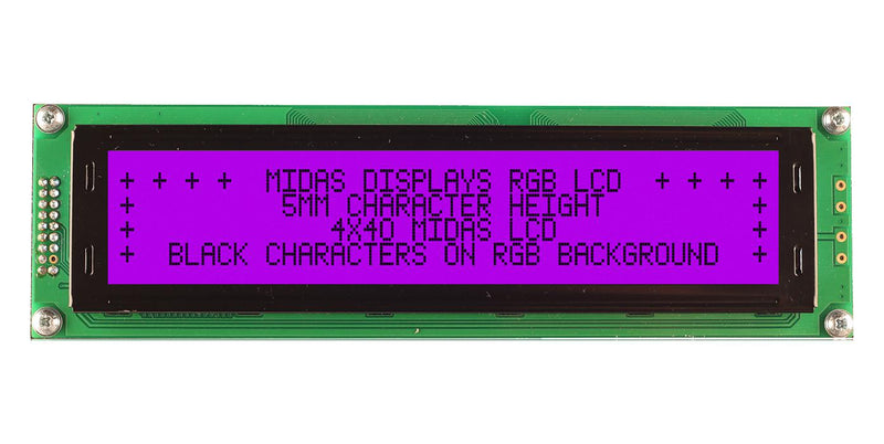 Midas MD44005A6W-FPTLRGB MD44005A6W-FPTLRGB Alphanumeric LCD 40 x 4 Black on RGB 5V Transflective