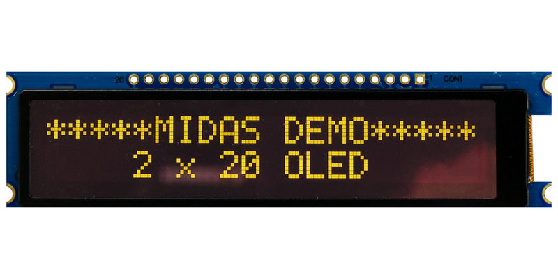 Midas MDOB22005B1V-EYM Alphanumeric Oled 20 x 2 Yellow on Black 3.3V Multi English Cyrillic Euro Japanese