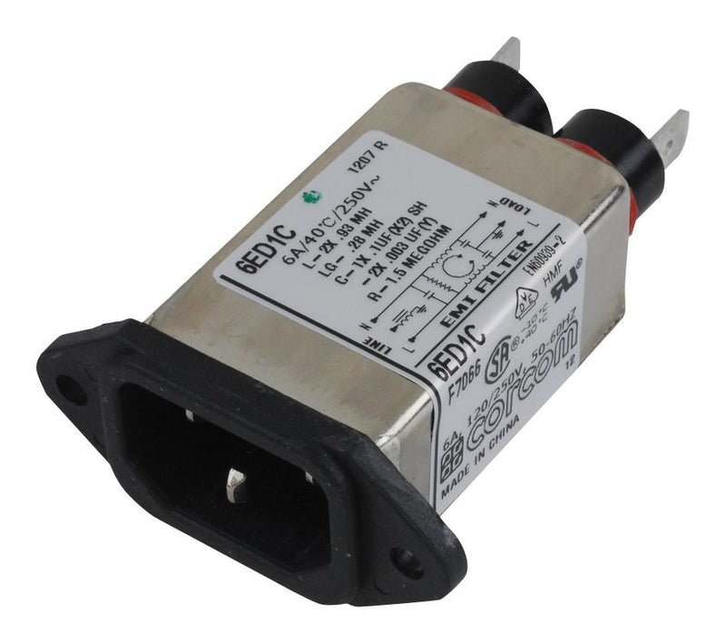 TE Connectivity 1-6609016-1 IEC Filter 0.1015 &micro;F 250 VAC Standard 6 A Quick Connect 930 &micro;H