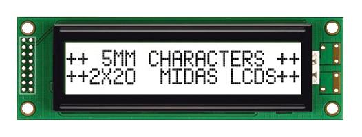 MIDAS MC22005A6W-FPTLW-V2 Alphanumeric LCD, 20 x 2, Black on White, 5V, Parallel, English, Japanese, Transflective