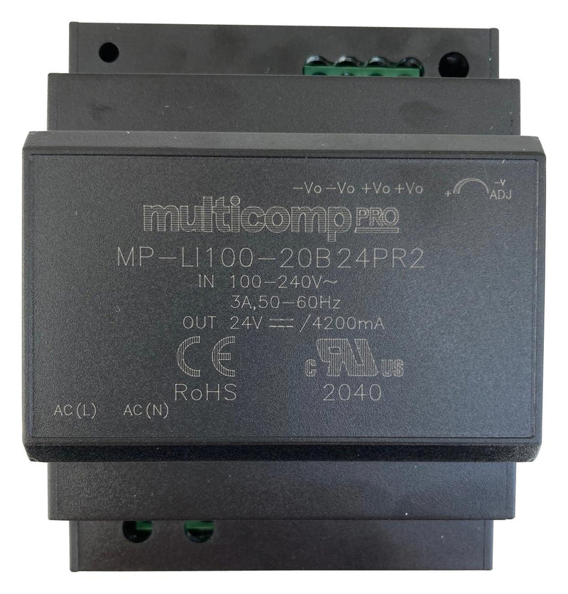 Multicomp PRO MP-LI100-20B24PR2 MP-LI100-20B24PR2 AC/DC DIN Rail Power Supply (PSU) 120 to 370VDC ITE 1 Output 100.8 W 24 V 4.2 A