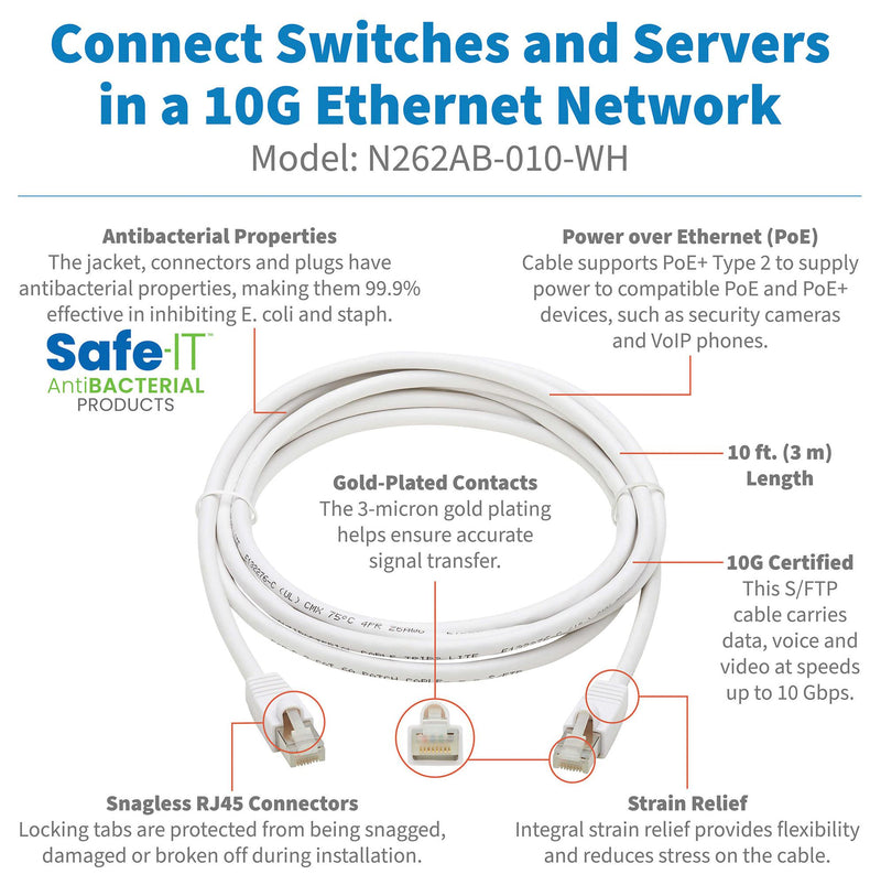 TRIPP-LITE N262AB-010-WH N262AB-010-WH Enet Cable RJ45 PLUG-PLUG 10FT White