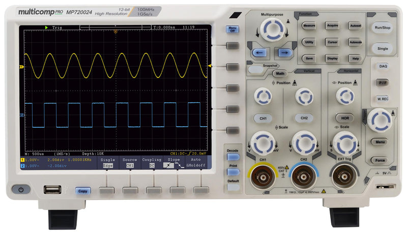 Multicomp PRO MP720024 EU-UK Digital Oscilloscope Economical 12bit Eco Series 2 Analogue 1 Ext Trigger 100 MHz 500 Msps