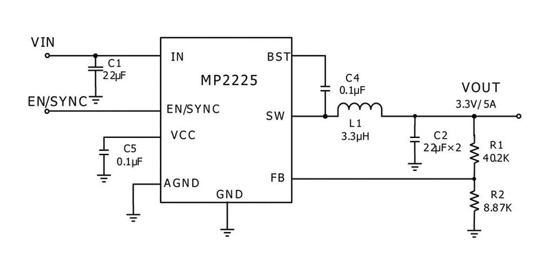 Monolithic Power Systems (MPS) MP2225GJ-P DC-DC Switching Synchronous Buck Regulator 4.5V-18V in 600mV to 17.1V out 5A 500kHz TSOT-23-8 New