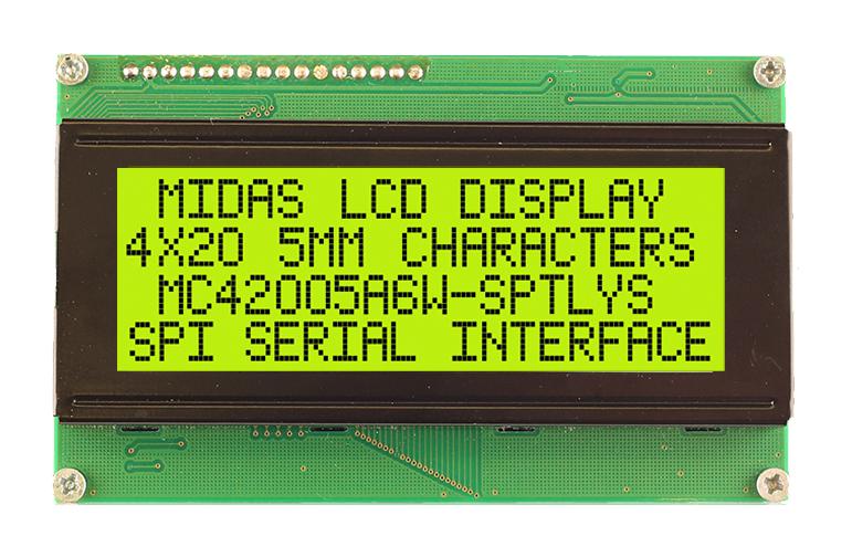 Midas MC42005A6W-SPTLYS-V2 MC42005A6W-SPTLYS-V2 Alphanumeric LCD 20 x 4 Black on Yellow / Green 5V SPI English Japanese Transflective