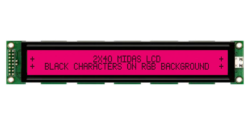 Midas MD24005A6W-FPTLRGB MD24005A6W-FPTLRGB Alphanumeric LCD 40 x 2 Black on RGB 5V Transflective