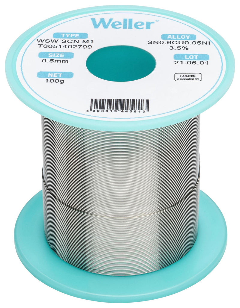 Weller T0051402799 T0051402799 Solder Wire No Clean Lead Free 99.3 0.6 0.05 Sn Cu Ni 100G 229 &Acirc;&deg;C 0.5 mm New