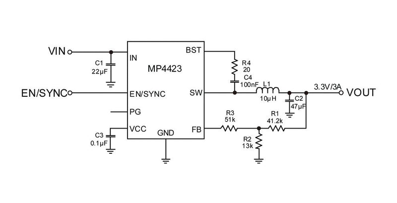 Monolithic Power Systems (MPS) MP4423HGQ-P DC-DC Switching Synchronous Buck Regulator 4V-36V in 800mV to 32.4V out 3A 410kHz QFN-8