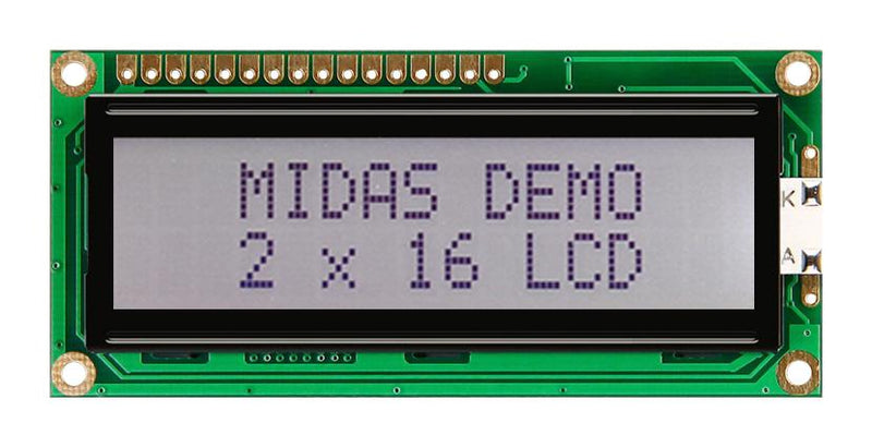 Midas MC21605C6W-FPTLWI-V2 MC21605C6W-FPTLWI-V2 Alphanumeric LCD 16 x 2 Black on White 5V I2C English Japanese Transflective