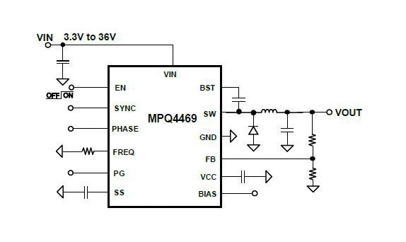 Monolithic Power Systems (MPS) MPQ4469GV-AEC1-P MPQ4469GV-AEC1-P DC-DC Switching Buck Regulator Adjustable 3.3 V to 36 in 5A out QFN-EP 20Pin