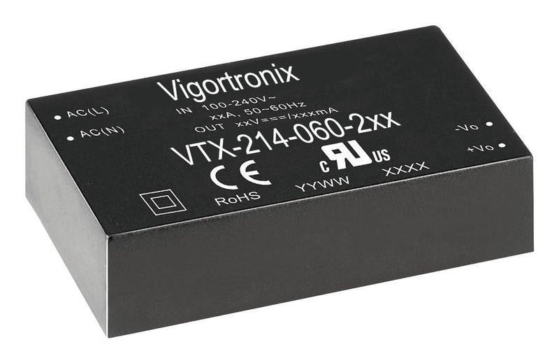 Vigortronix VTX-214-060-224 AC/DC PCB Mount Power Supply (PSU) Class II ITE Household &amp; Transformers 1 Output 60 W 24 VDC