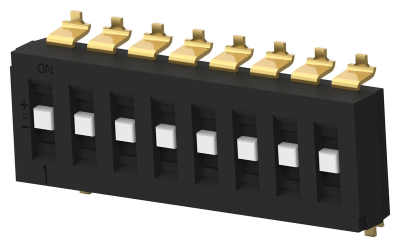 Alcoswitch - TE Connectivity TDS08SGRNTU04 DIP / SIP Switch Recessed Type 8 Circuits SP3T SMD TDS Series Unsealed 24 V