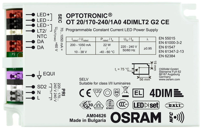 Osram OT-20/170-240/1A0-4DIMLT2-G2-CE OT-20/170-240/1A0-4DIMLT2-G2-CE LED Driver Lighting 22 W 38 V 1.05 A Constant Current 170