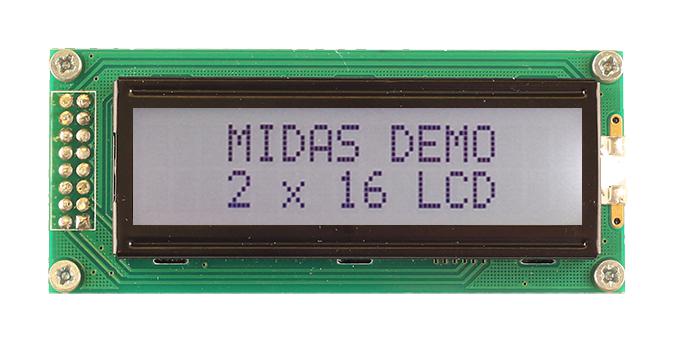 Midas MC21605B6W-FPTLW3.3-V2 MC21605B6W-FPTLW3.3-V2 Alphanumeric LCD 16 x 2 Black on White 3.3V Parallel English Japanese Transflective