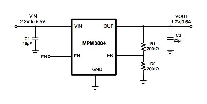 Monolithic Power Systems (MPS) MPM3804GG-P DC/DC POL Converter Adjustable Sync Buck 2.4MHz 2.3V to 5.5V in 0.6V 5.5V/600mA Out QFN-10